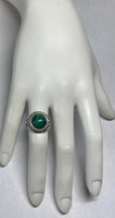 Sterling Silver and Genuine 12mm Cabochon Malachite Ladies Filigree Ring