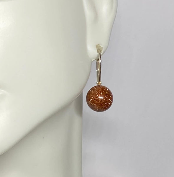 Sterling Silver 10mm Brown Goldstone "Venturina" Beads Lever Back Earrings