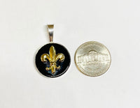 Sterling Silver and 10 Karat Yellow Gold Fleur-de-lis on Genuine Black Onyx Coin Pendant