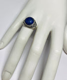 Sterling Silver Genuine 12mm Round Cabochon Lapis Lazuli Filigree Style Ladies Ring