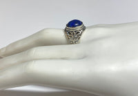 Sterling Silver Genuine 12mm Round Cabochon Lapis Lazuli Filigree Style Ladies Ring