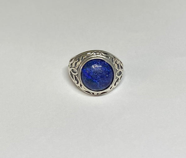 Sterling Silver Genuine 12mm Round Cabochon Lapis Lazuli Filigree Style Ladies Ring