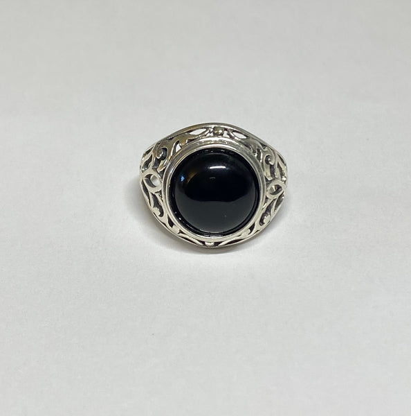 Sterling Silver Genuine 12mm Round Cabochon Black Onyx Filigree Style Ladies Ring