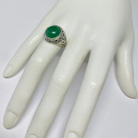 Sterling Silver Genuine 12mm Round Cabochon Green Onyx Filigree Style Ladies Ring