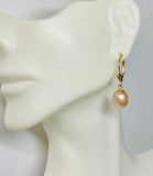 14 Karat Yellow Gold and Genuine 8mm Drop Pink Freshwater Pearl Lever Back Earrings