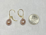 14 Karat Yellow Gold and Genuine 8mm Drop Pink Freshwater Pearl Lever Back Earrings