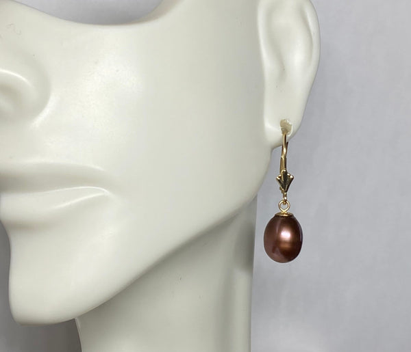 14 Karat Yellow Gold and Genuine 8mm Drop Chocolate Freshwater Pearl Lever Back Earrings