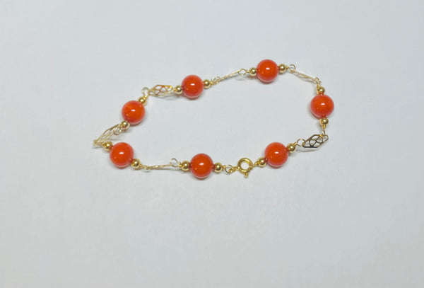 14 Karat Yellow Gold Filled 8mm Dyed Red Coral 8" Plaque Bracelet