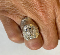 Sterling Silver Indian Chief Head Ring with Genuine Diamond, Emerald, Ruby or Sapphire Eyes