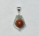 Vintage NOS 1970's Sterling Silver Pentagon Spinner Pendant with 10mm Goldstone Venturina Bead