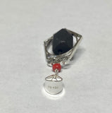 Vintage NOS 1970's Sterling Silver Pentagon Spinner Pendant with Genuine 8mm Azabache Jet Bead