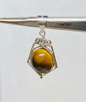 Vintage NOS 1970's Sterling Silver Pentagon Spinner Pendant with Genuine 10mm Tiger's Eye Bead