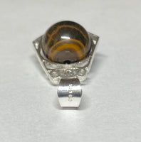 Vintage NOS 1970's Sterling Silver Pentagon Spinner Pendant with Genuine 10mm Tiger's Eye Bead