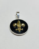 Sterling Silver and 10 Karat Yellow Gold Fleur-de-lis on Genuine Black Onyx Coin Pendant