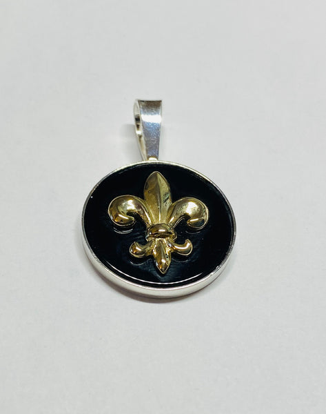 Sterling Silver and 10 Karat Yellow Gold Fleur-de-lis on Genuine Black Onyx Coin Pendant