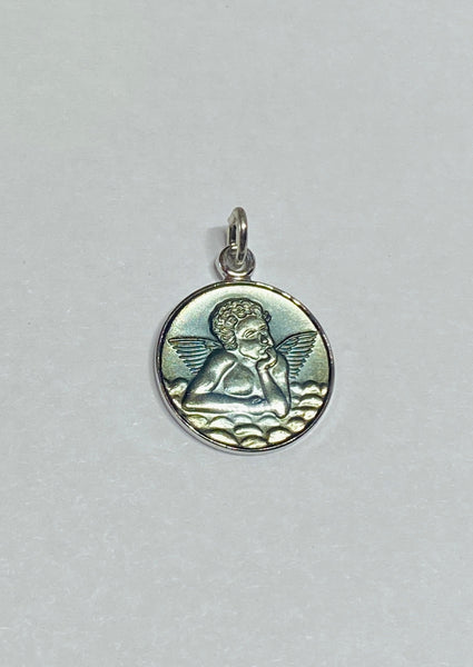 Sterling Silver .925 Rhodium-plated Blue Epoxy Angel Charm with Psalm 91:11 on Reverse