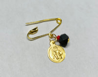 14K Yellow Gold Baby Safety Pin with Angel de la Guardia "Guardian Angel" Medal & Genuine 4mm Azabache Jet