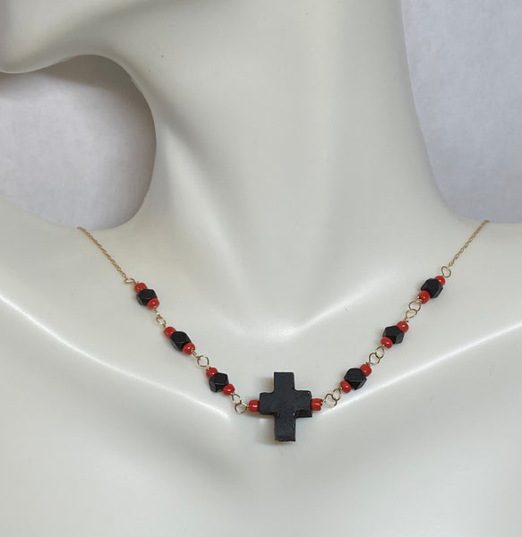 14K Yellow Gold Genuine Azabache Jet & Coral w/Azabache Cross 16" "Y" Style Necklace