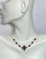 14K Yellow Gold Genuine Azabache Jet & Coral w/Azabache Cross 16" "Y" Style Necklace