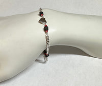 Sterling Silver Genuine 4mm Azabache with Coral Accents Heart Bracelet with Curb Link Chain