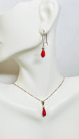 Yellow Gold Filled and Faceted Pear Genuine Dyed Red Coral Pendant with Chain and Earrings (sold separately or as a set)