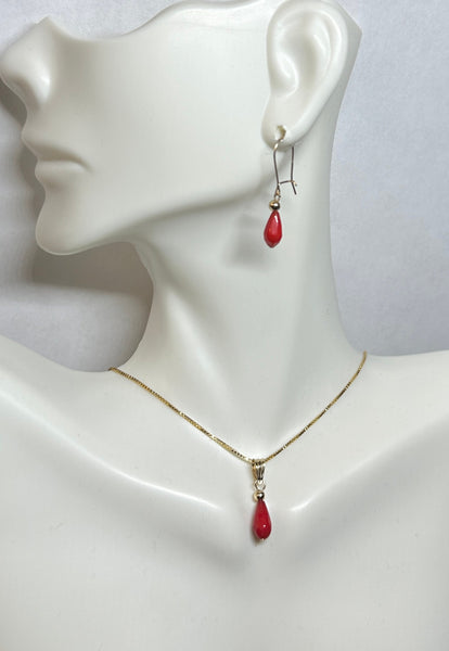 Yellow Gold Filled and Faceted Pear Genuine Dyed Red Coral Pendant with Chain and Earrings (sold separately or as a set)