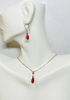 Yellow Gold Filled and Faceted Pear Genuine Dyed Red Coral Pendant with Chain and Earrings (sold separately or as a set)