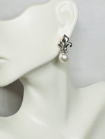 Sterling Silver and Genuine 8mm Round Freshwater Pearl Fleur-de-Lis Post Earrings