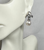 Sterling Silver and Genuine 8mm Round Freshwater Pearl Fleur-de-Lis Post Earrings