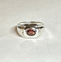 Sterling Silver and Genuine 8 x 6mm Oval Garnet with Diamonds Man's Ring