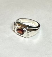 Sterling Silver and Genuine 8 x 6mm Oval Garnet with Diamonds Man's Ring