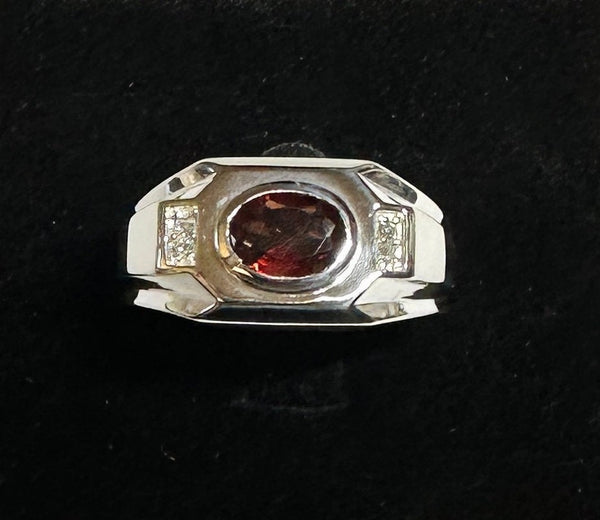 Sterling Silver and Genuine 8 x 6mm Oval Garnet with Diamonds Man's Ring