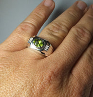 Sterling Silver and Genuine 8 x 6mm Oval Peridot with Diamonds Man's Ring