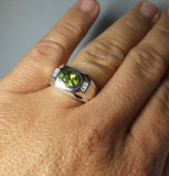 Sterling Silver and Genuine 8 x 6mm Oval Peridot with Diamonds Man's Ring