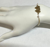 Vintage 14 Karat Yellow Gold Curb Link and Genuine 3.5mm Freshwater Pearls Double Heart 6.75" Bracelet