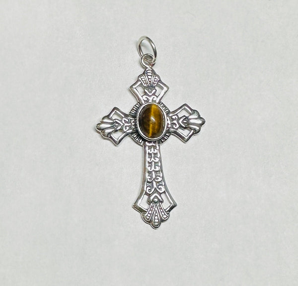 Sterling Silver Genuine Tiger's Eye Antiqued Cross Pendant