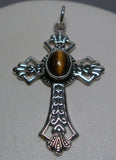 Sterling Silver Genuine Tiger's Eye Antiqued Cross Pendant