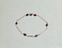 Sterling Silver Genuine 4mm Azabache with Coral Accents Heart Bracelet with Curb Link Chain