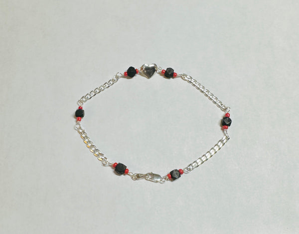 Sterling Silver Genuine 4mm Azabache with Coral Accents Heart Bracelet with Curb Link Chain