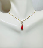 Yellow Gold Filled and Faceted Pear Genuine Dyed Red Coral Pendant with Chain and Earrings (sold separately or as a set)