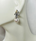 Sterling Silver and Genuine 8mm Round Freshwater Pearl Fleur-de-Lis Post Earrings