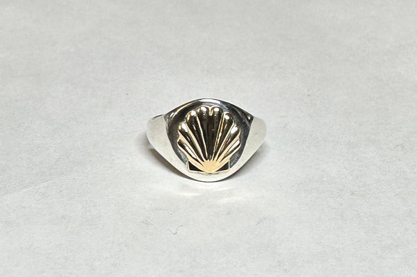 Sterling Silver and 14 Karat Yellow Gold "Camino de Santiago" Way of St. James Ladies Signet Shell Ring