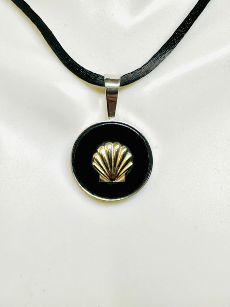 Sterling Silver and 14 Karat Yellow Gold "Camino de Santiago" Way of St. James Genuine Onyx with Gold Shell Pendant