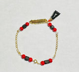 10 Karat Yellow Gold Genuine 4mm Azabache Jet and Red Coral with Azabache Mano Figa 6" Personalizable Baby ID Curb Bracelet