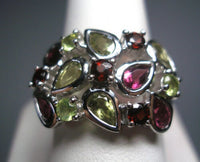 Sterling Silver Genuine Garnet, Amethyst and Peridot Statement Ladies Ring