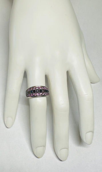 14 Karat White Gold Genuine Black Diamonds and Pink Sapphires Ladies Band Ring