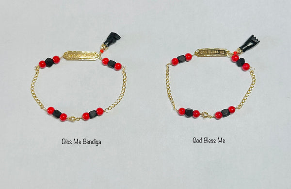 10K Yellow Gold Genuine 4mm Azabache Jet & Red Coral w/Azabache Mano Figa 6" Dios Me Bendiga, God Bless Me or No Me Beses Curb Link Bracelet