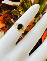 10K Yellow Gold Oval 8mm x 6mm Genuine Flat Black Onyx Dainty Filigree Ring