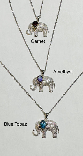 Sterling Silver & 14K Yellow Gold Genuine Gemstone (Amethyst, Sky Blue Topaz or Garnet) and Diamond Elephant 18" Necklace w/2 Inch Extender