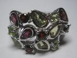 Sterling Silver Genuine Garnet, Amethyst and Peridot Statement Ladies Ring